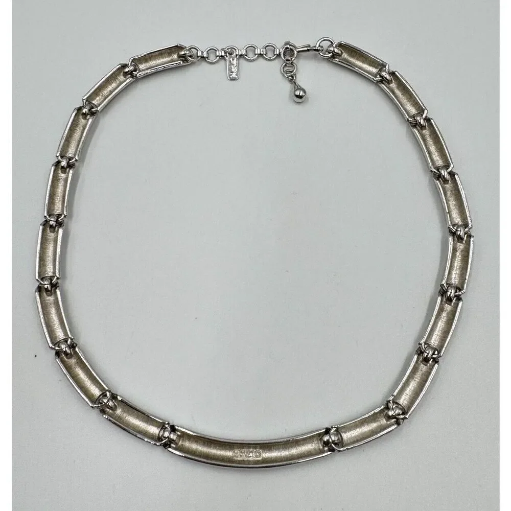 Monet Signed Silver Tone Brushed Polished Vintage Choker Necklace Estate Jewelry